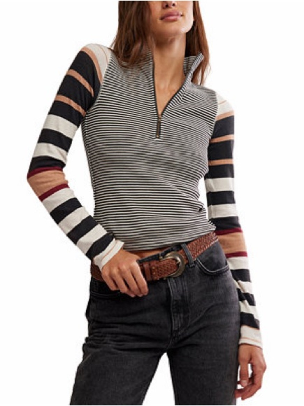 Free People Striped Avery Half-Zip Top in Black, Cream & Multi - XS NWTs!